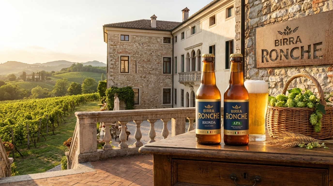 Bottiglie e bicchiere Birra Ronche davanti a villa e vigneti